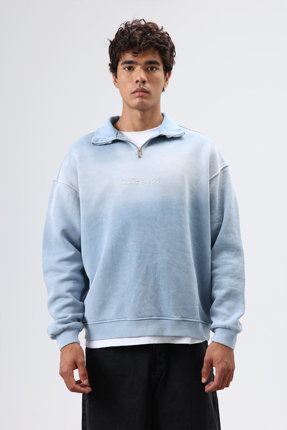 Yaka Fermuarlı Oversize Sweatshirt Bebe Mavi