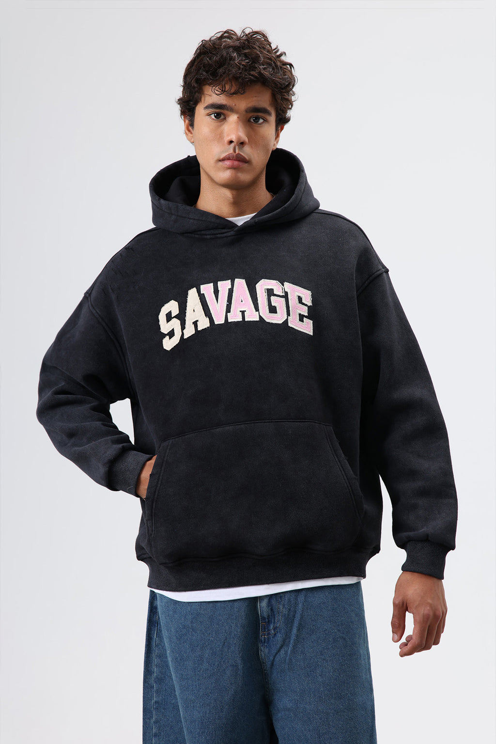 Oversize Baskılı Kapüşonlu Sweatshirt Siyah
