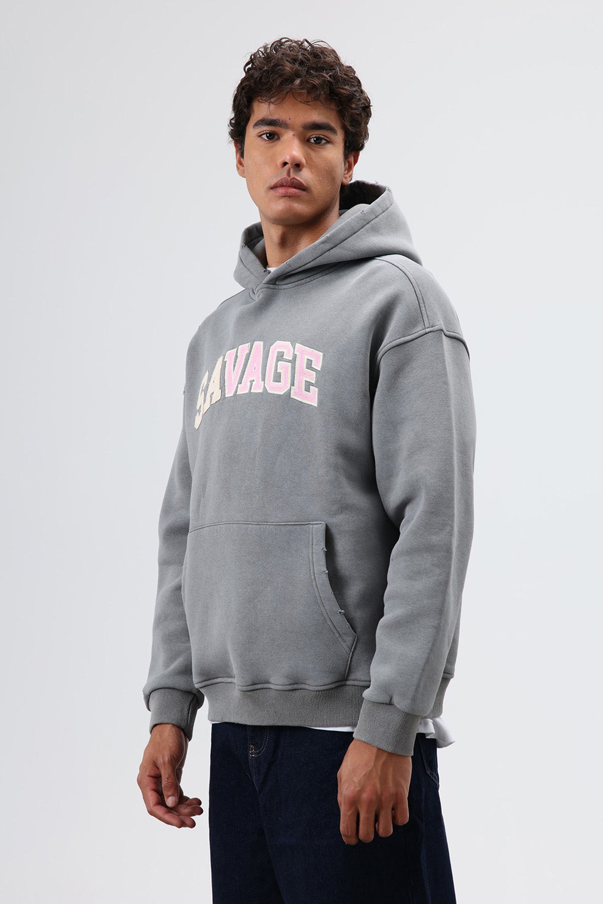 Oversize Baskılı Kapüşonlu Sweatshirt Füme