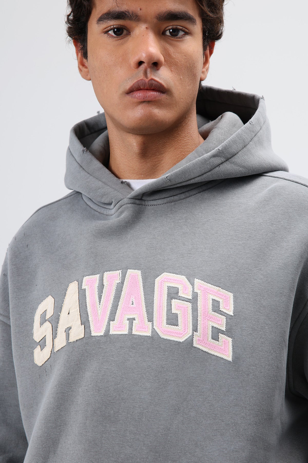 Oversize Baskılı Kapüşonlu Sweatshirt Füme