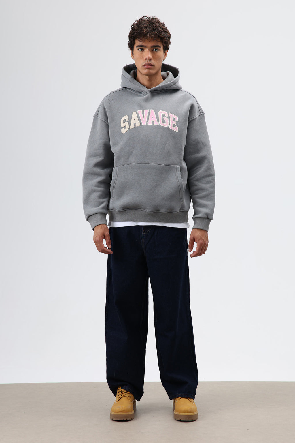 Oversize Baskılı Kapüşonlu Sweatshirt Füme