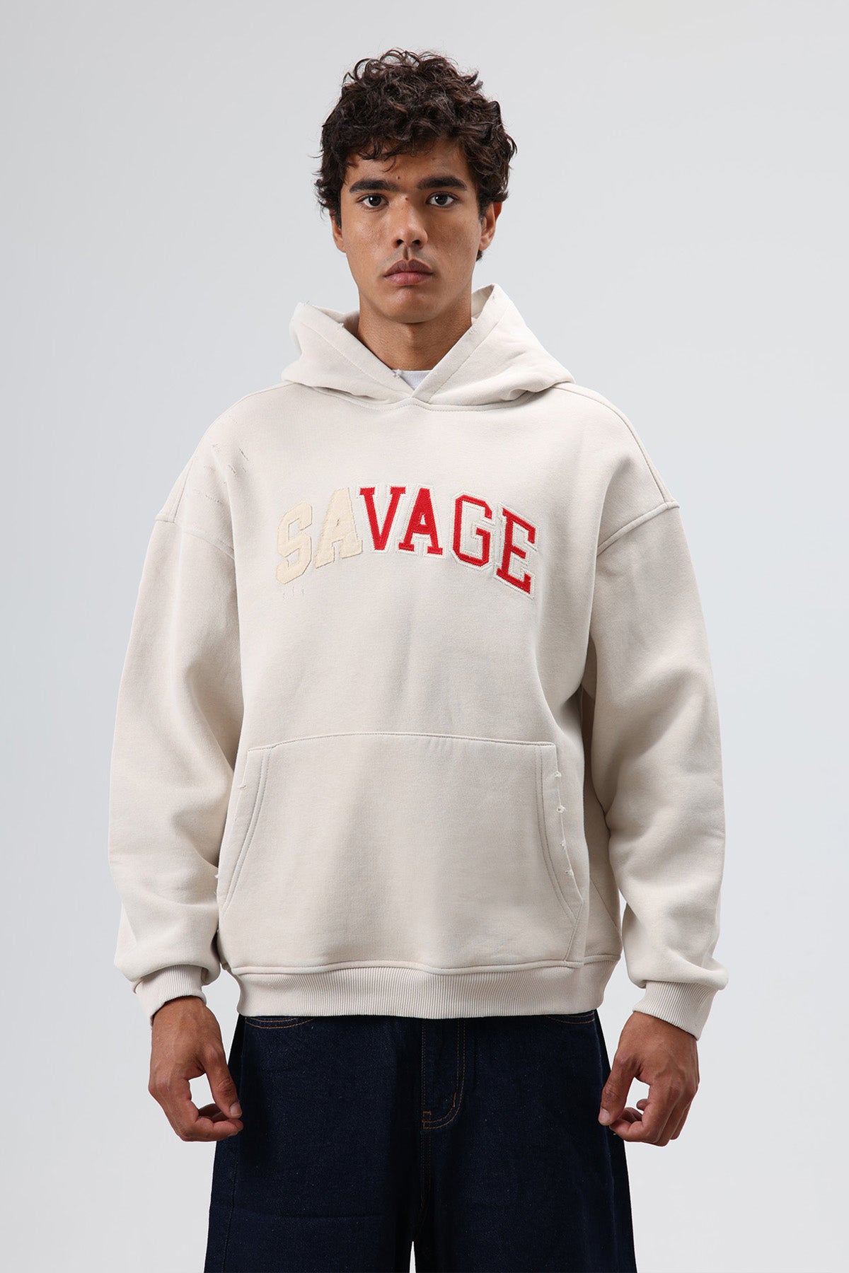 Oversize Baskılı Kapüşonlu Sweatshirt Taş