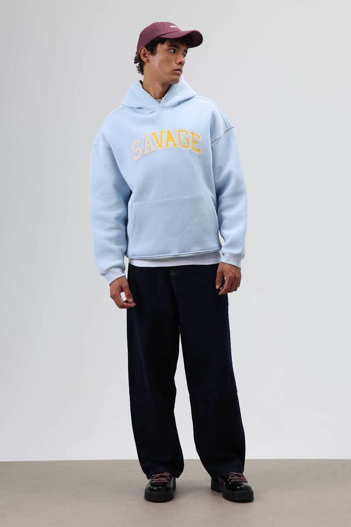 Oversize Baskılı Kapüşonlu Sweatshirt Bebe Mavi