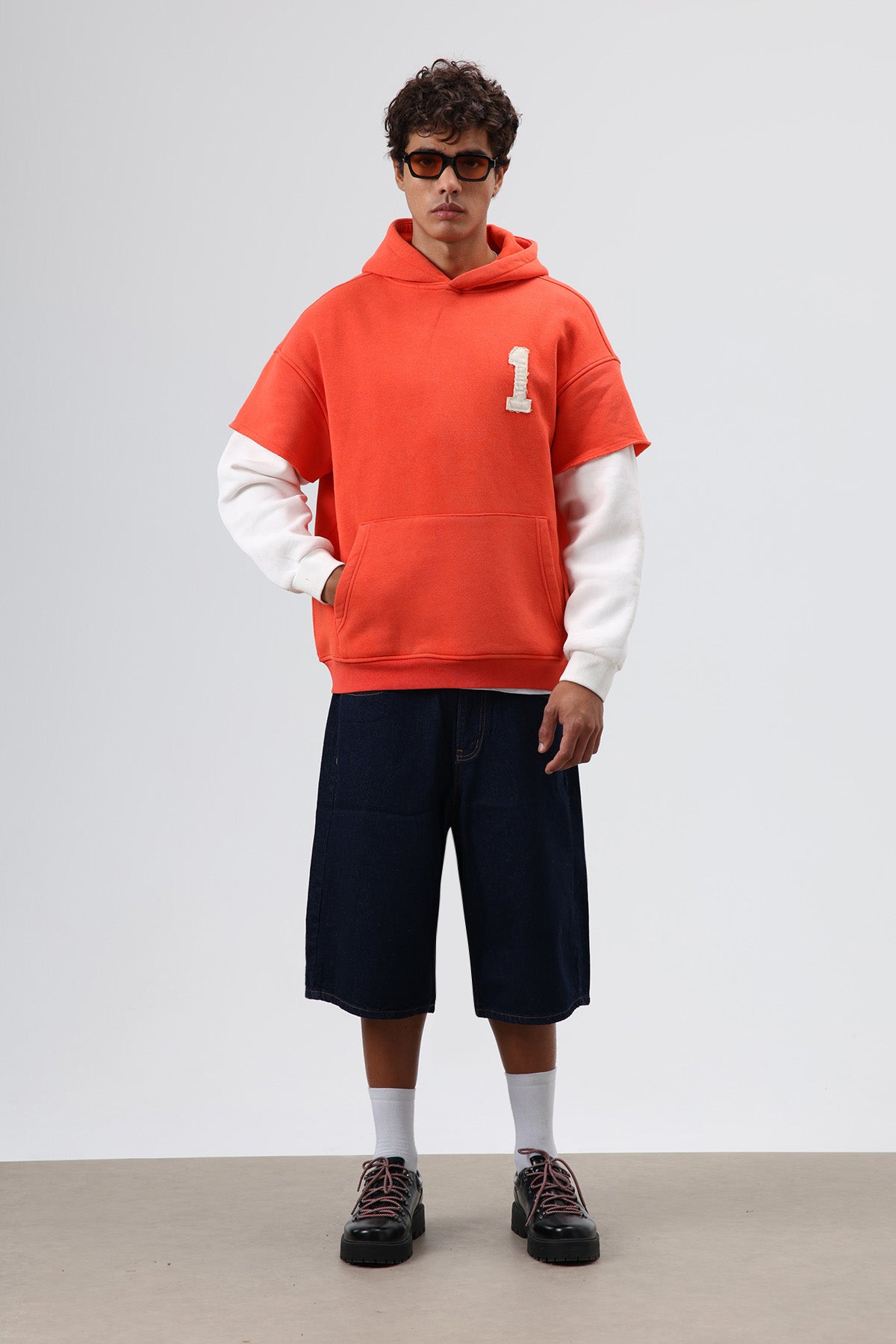 Oversize Kol Detaylı Kapüşonlu Sweatshirt Oranj
