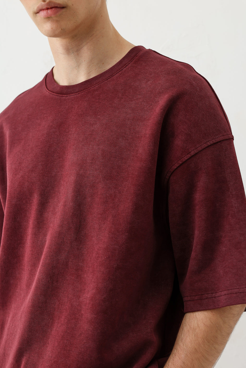 Kısa Kollu Yıkamalı Oversize Tişört Bordo