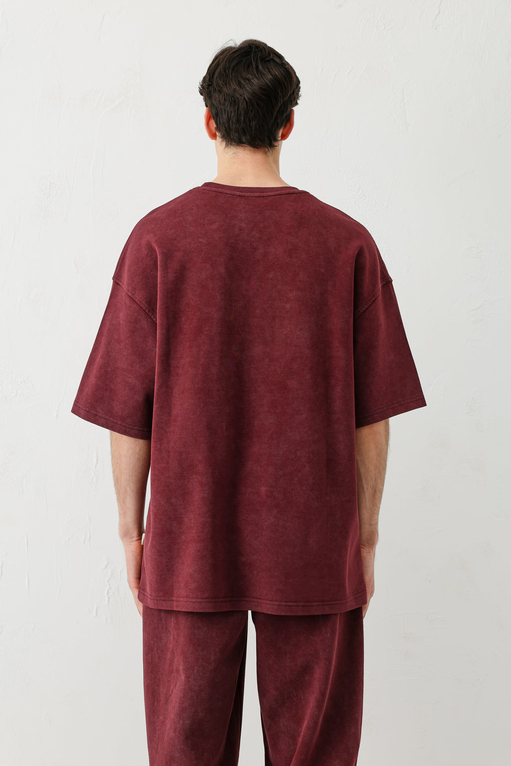 Kısa Kollu Yıkamalı Oversize Tişört Bordo