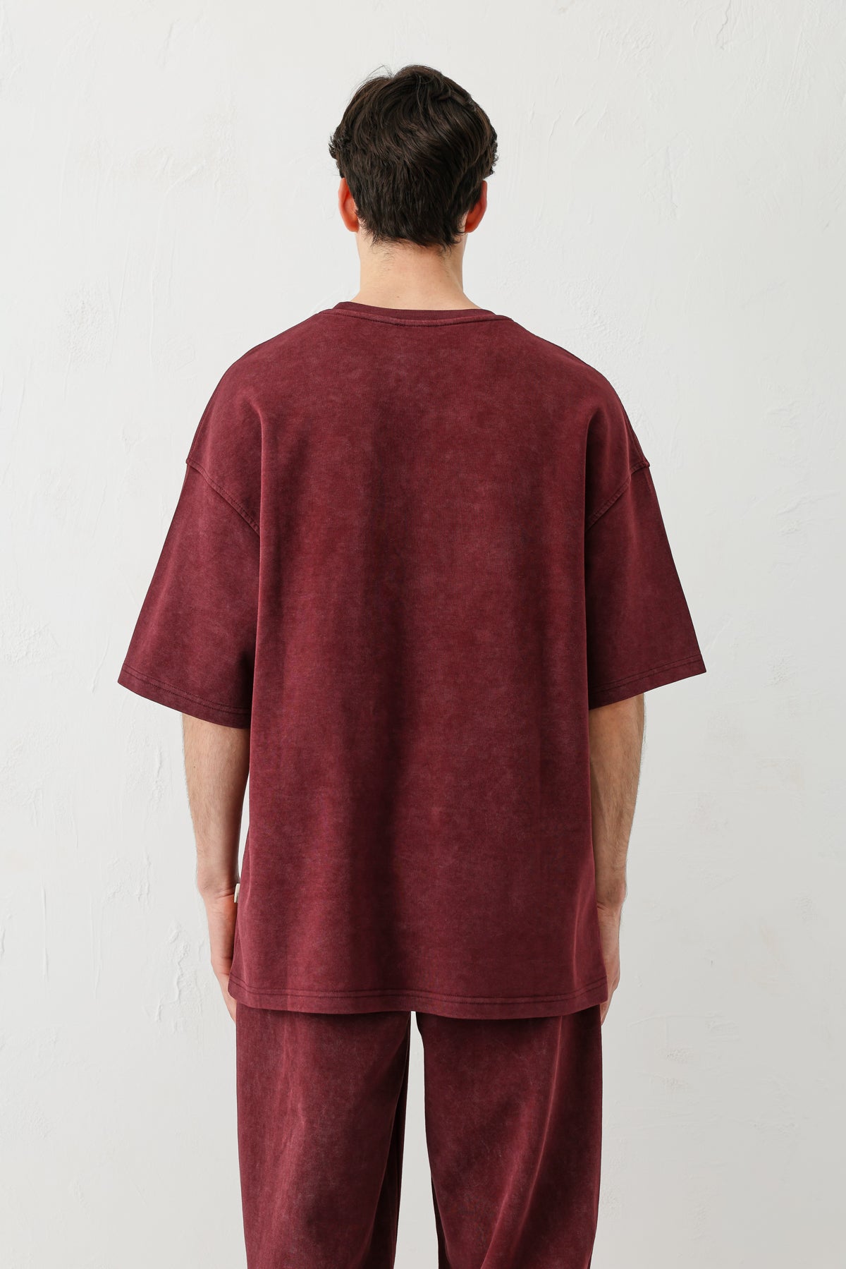 Kısa Kollu Yıkamalı Oversize Tişört Bordo