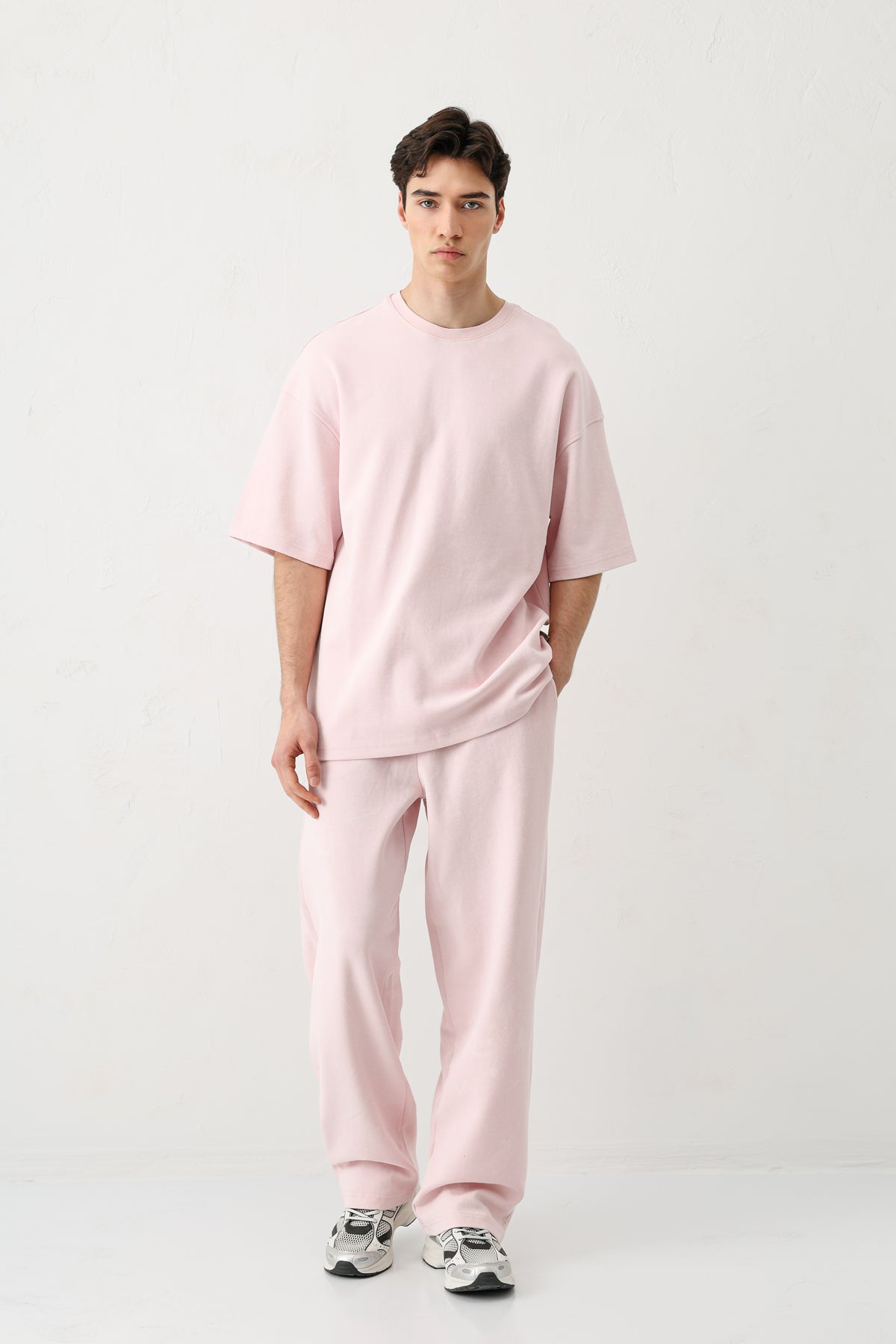 Kısa Kollu Yıkamalı Oversize Tişört Pembe
