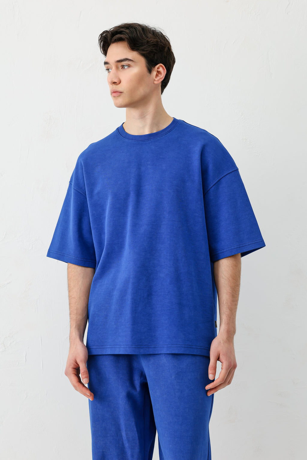 Kısa Kollu Yıkamalı Oversize Tişört Saks