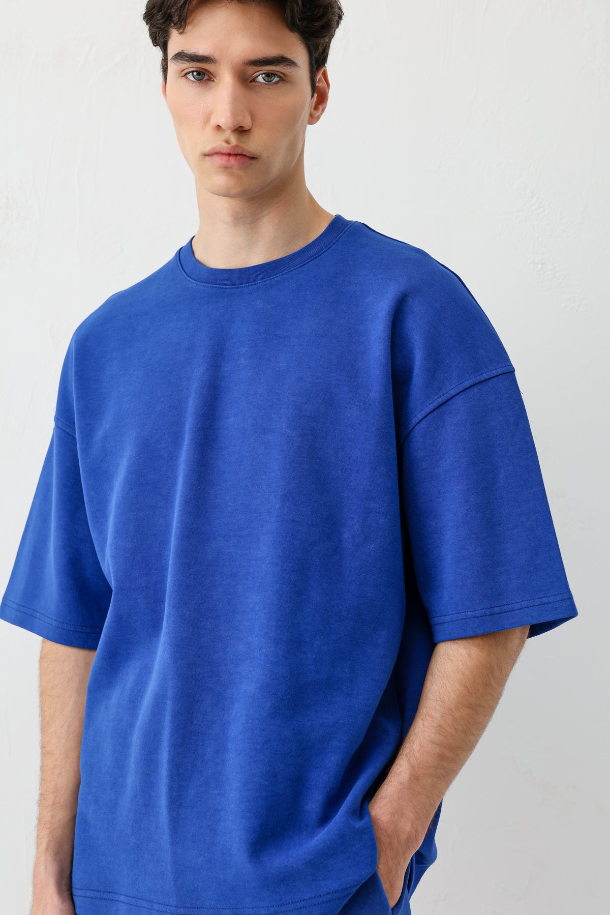 Kısa Kollu Yıkamalı Oversize Tişört Saks