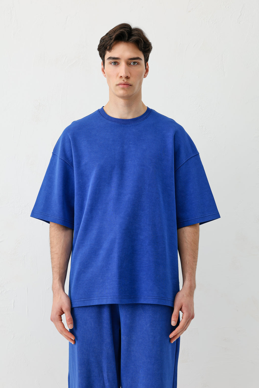 Kısa Kollu Yıkamalı Oversize Tişört Saks