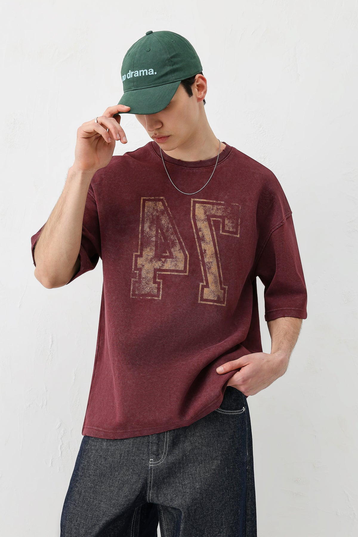 Yıkamalı Baskılı Oversize Tişört Bordo