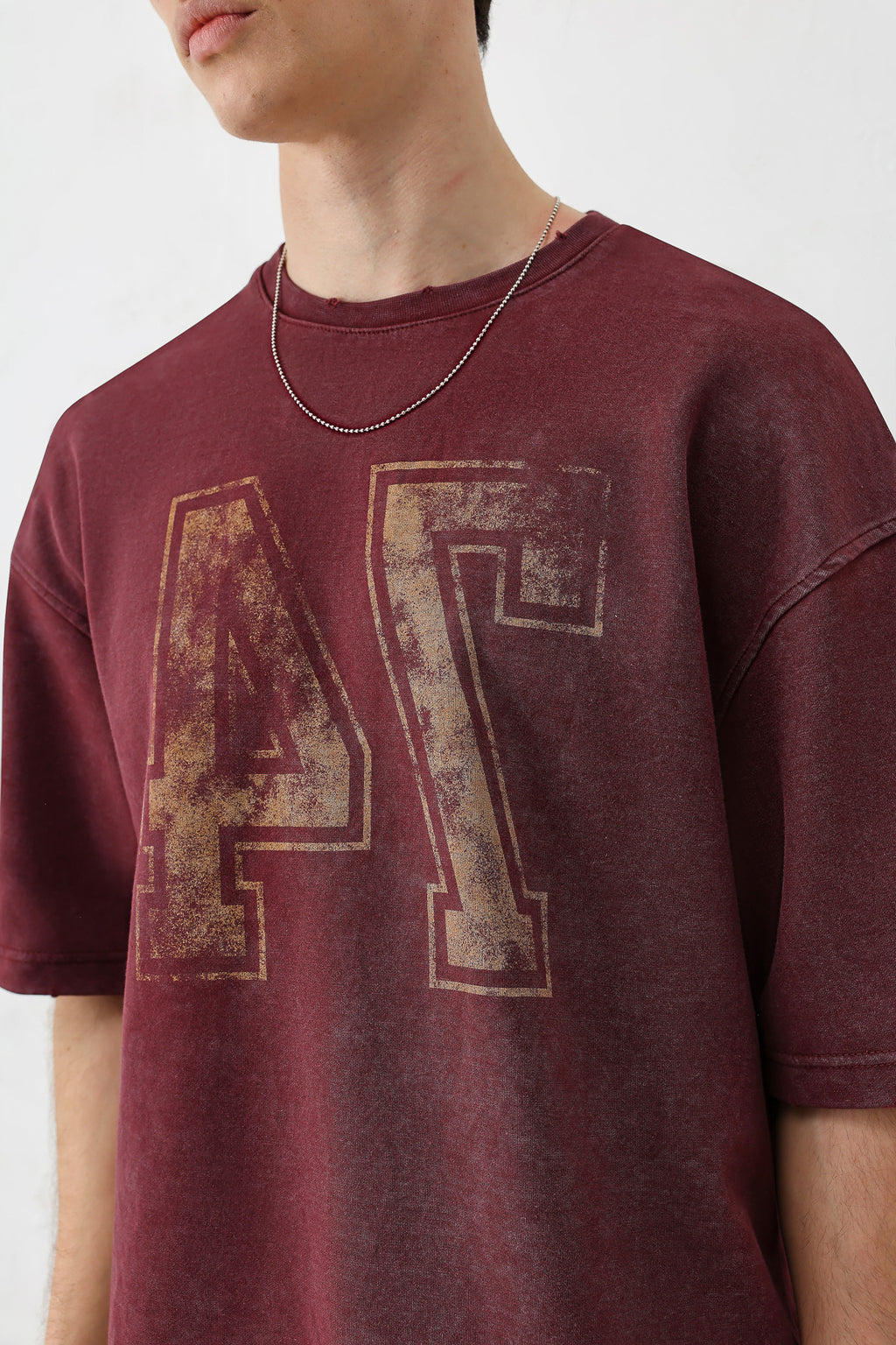 Yıkamalı Baskılı Oversize Tişört Bordo