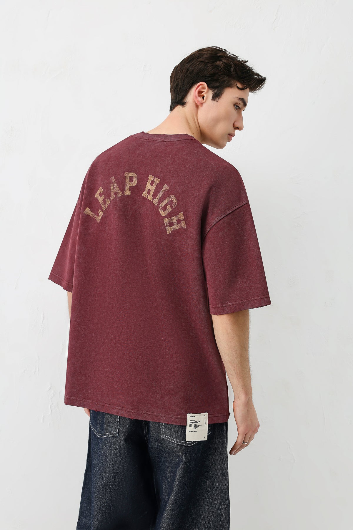 Yıkamalı Baskılı Oversize Tişört Bordo