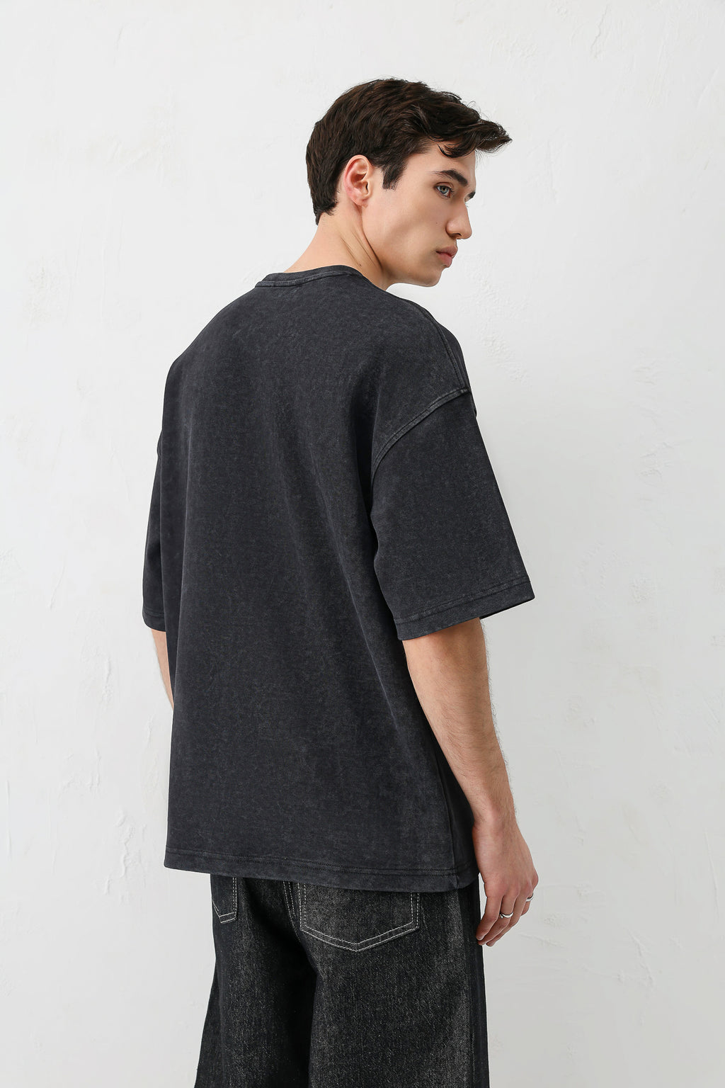 Yıkamalı Baskılı Oversize Tişört Siyah
