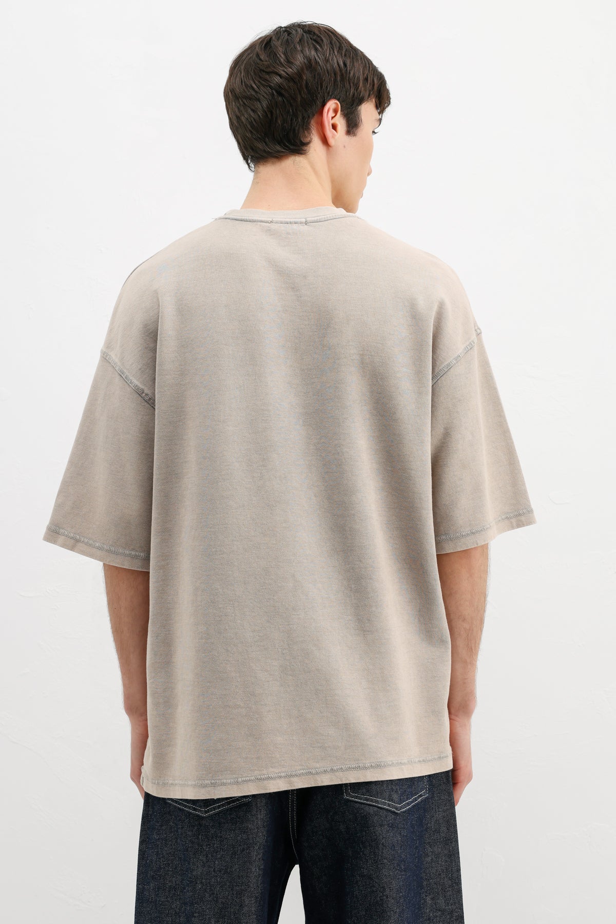 Yıkamalı Yazı Baskılı Oversize Tişört Bej