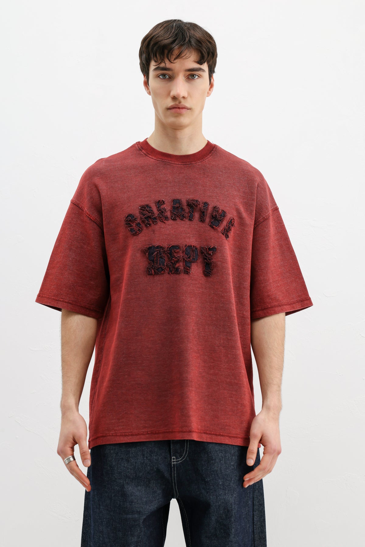 Yıkamalı Yazı Baskılı Oversize Tişört Bordo