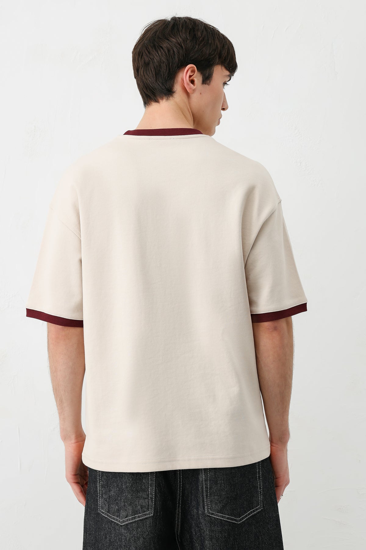 Baskılı Bisiklet Yaka Oversize Tişört Taş