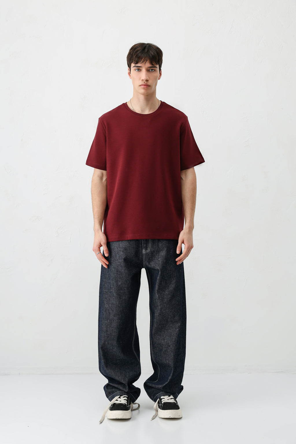 Kısa Kollu Boxy Fit Tişört Bordo