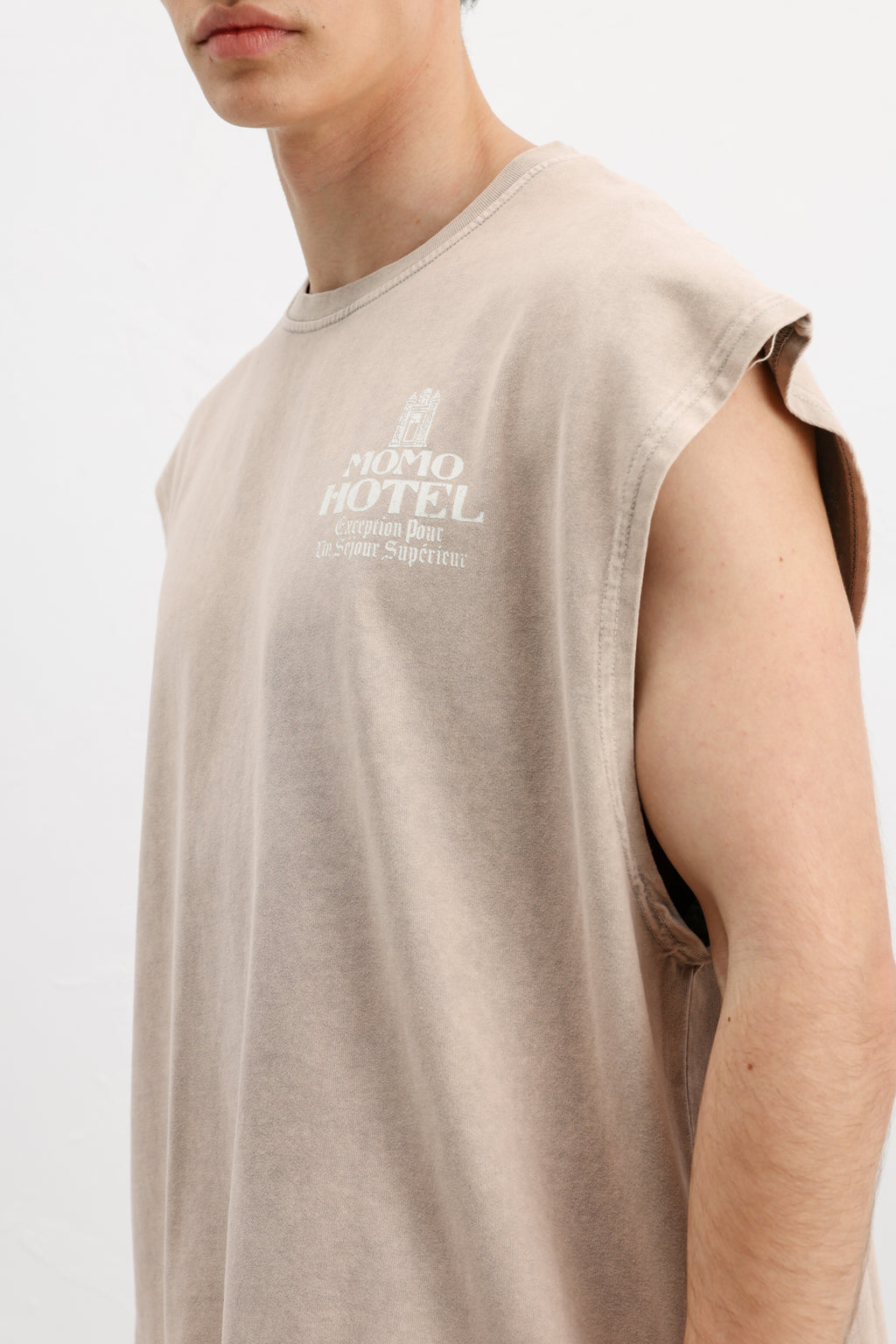 Baskılı Kolsuz Oversize Tişört Bej