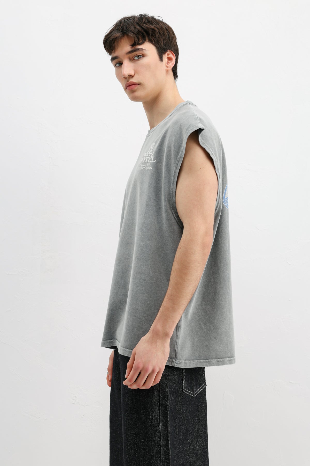 Baskılı Kolsuz Oversize Tişört Gri