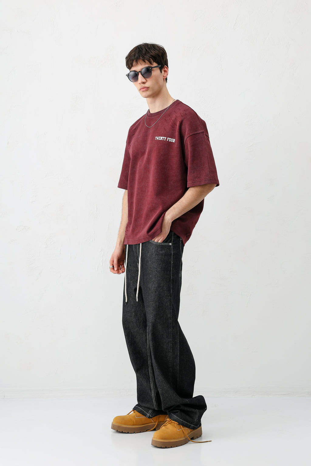Baskılı Oversize Tişört Bordo
