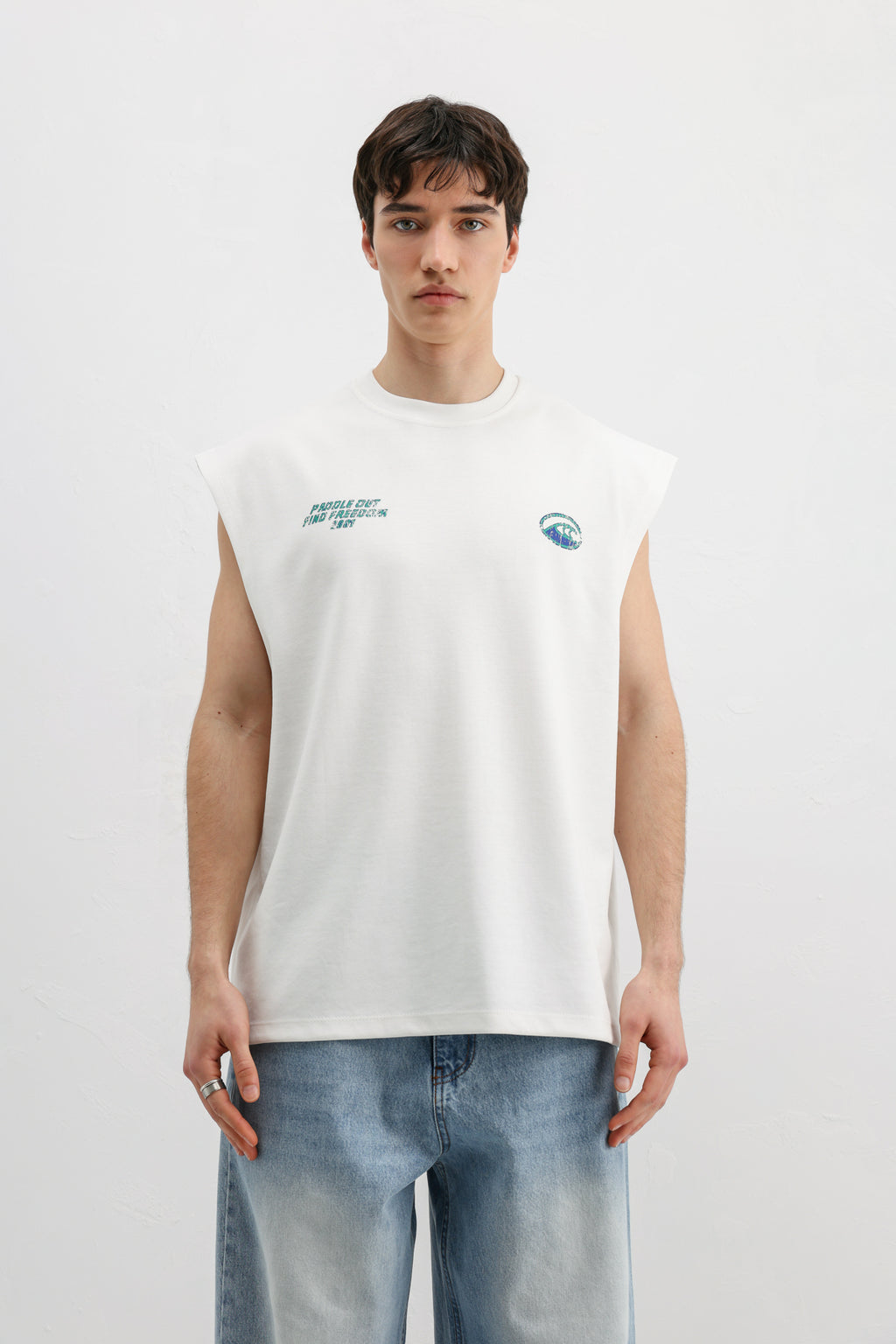 Oversize Baskılı Kolsuz Tişört Beyaz
