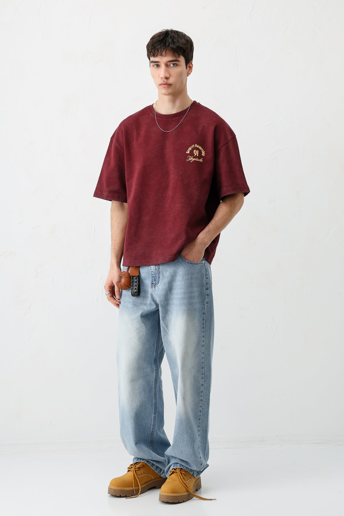Kısa Kollu Boxy Fit Baskılı Tişört Bordo