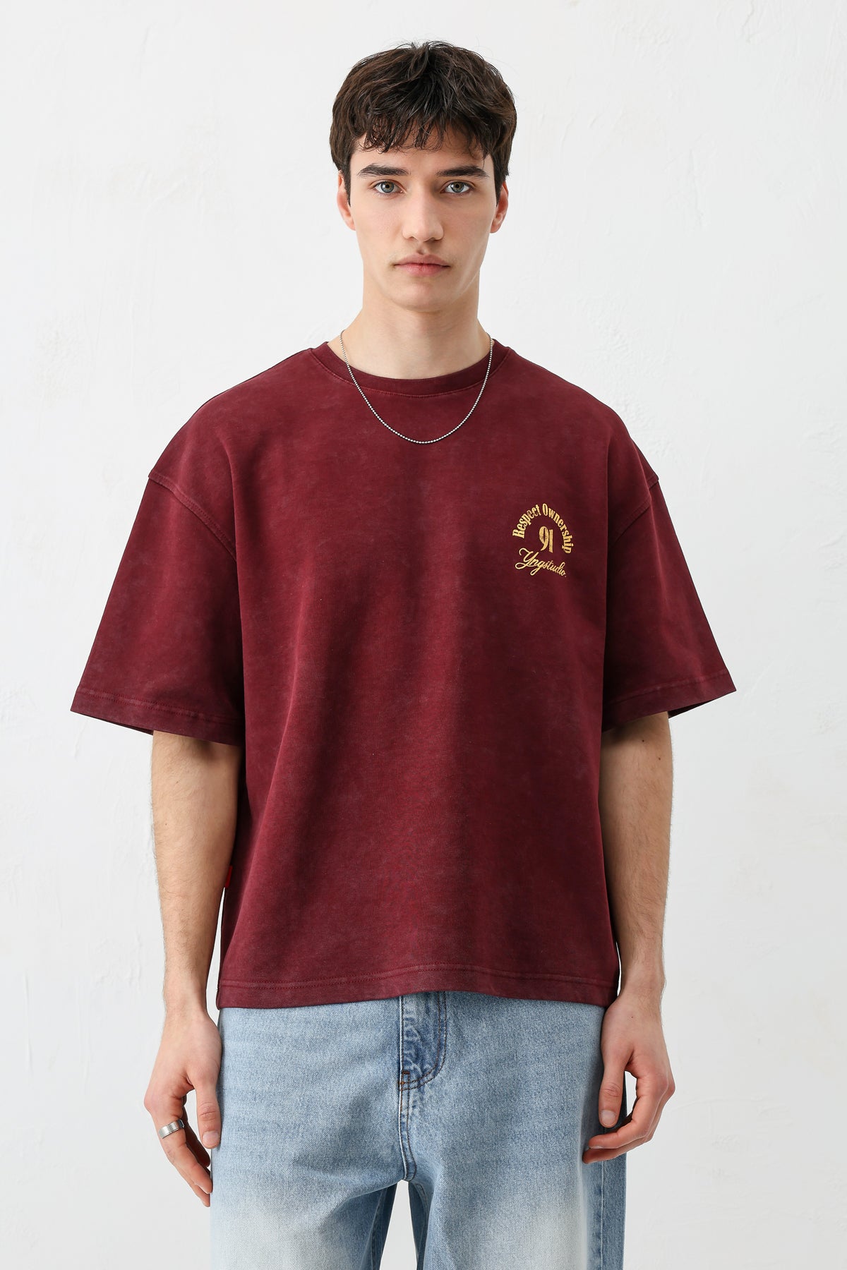 Kısa Kollu Boxy Fit Baskılı Tişört Bordo