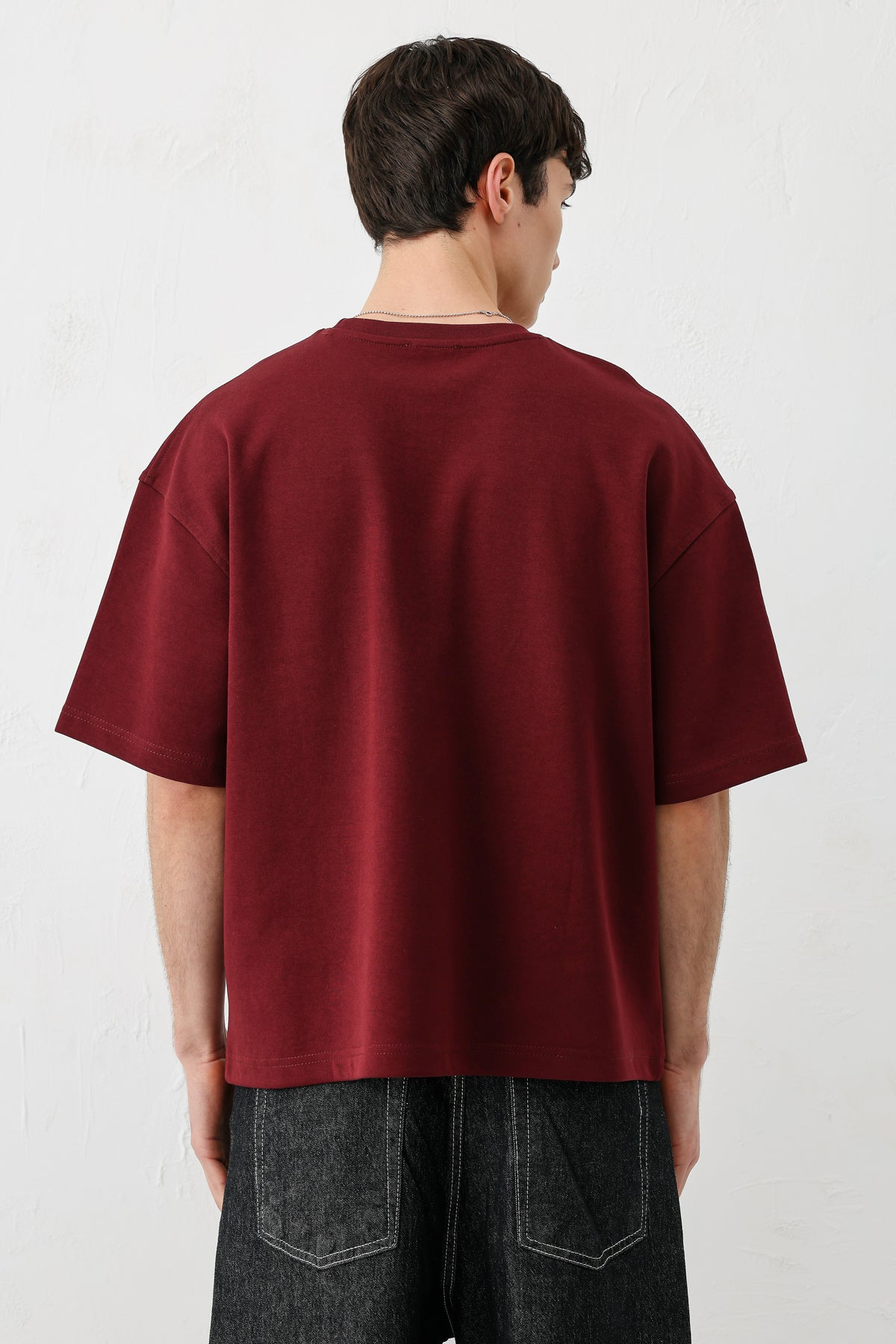 Kısa Kollu Boxy Fit Baskılı Tişört Bordo