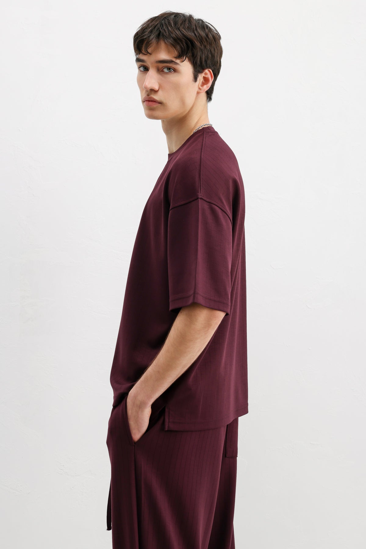 Fitilli Dokulu Oversize Tişört Mürdüm