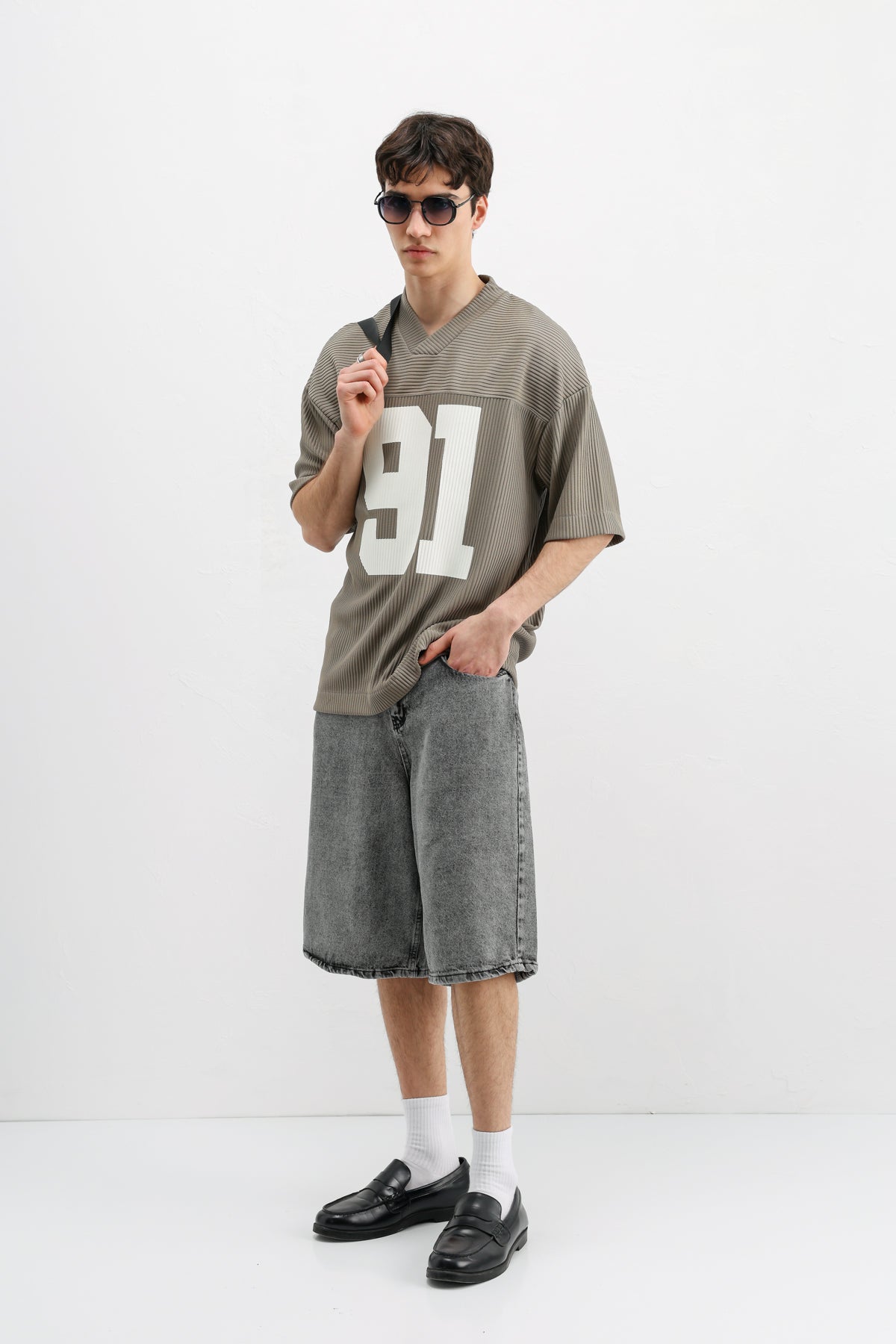 Baskılı Fitilli Oversize Tişört Haki