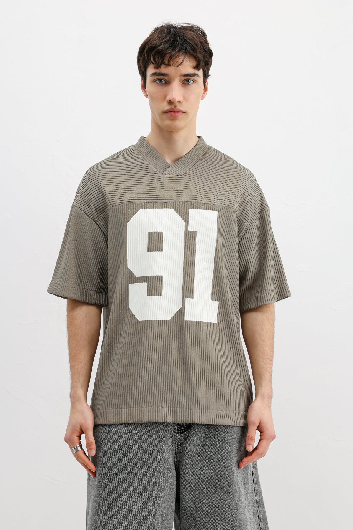 Baskılı Fitilli Oversize Tişört Haki