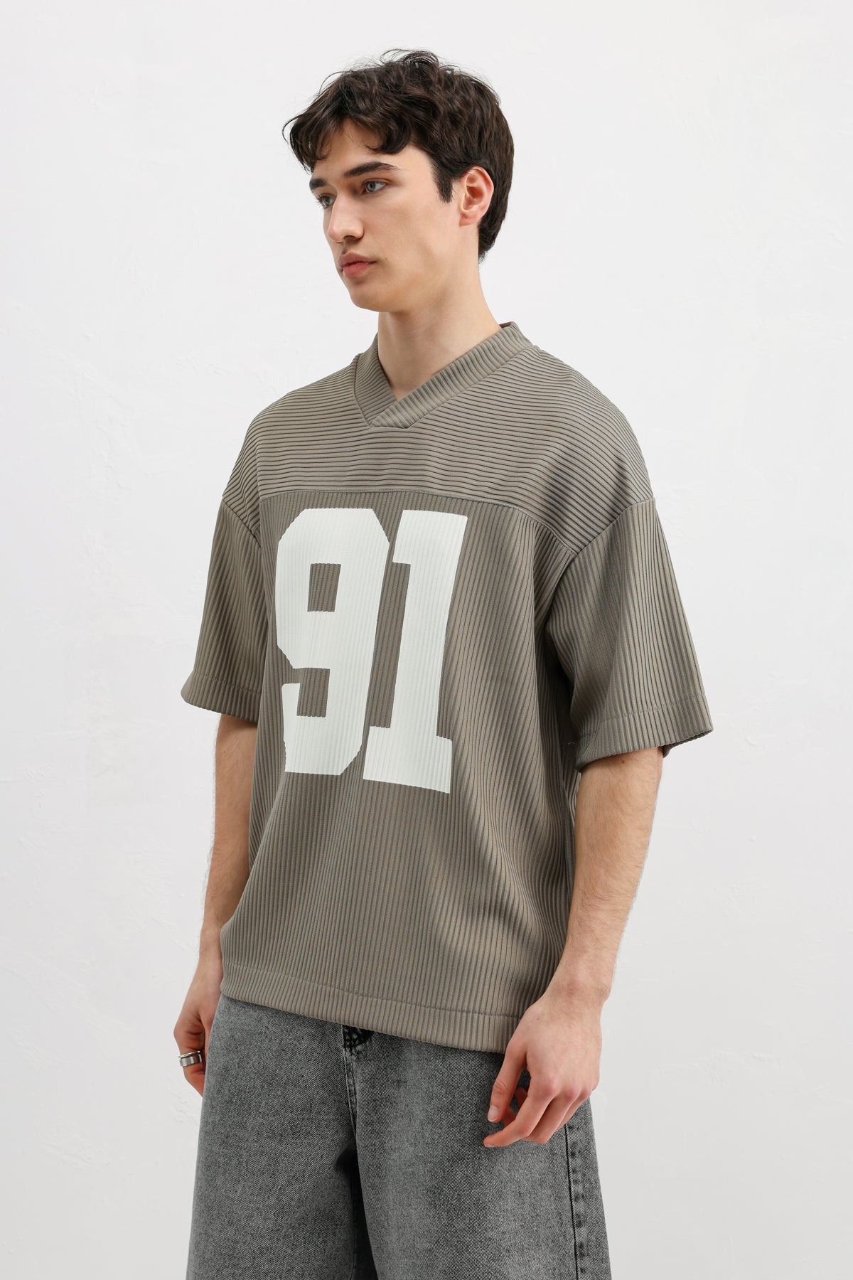 Baskılı Fitilli Oversize Tişört Haki