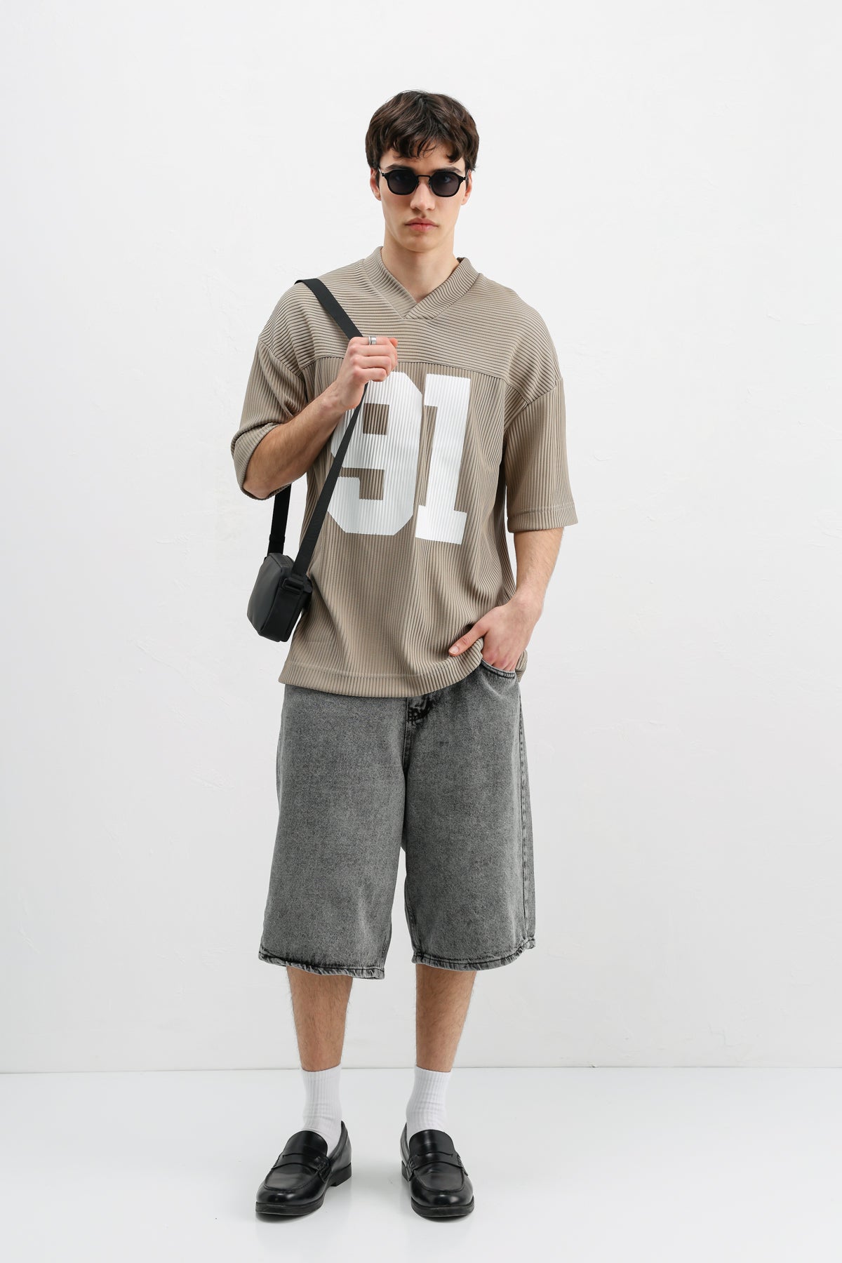 Baskılı Fitilli Oversize Tişört Bej