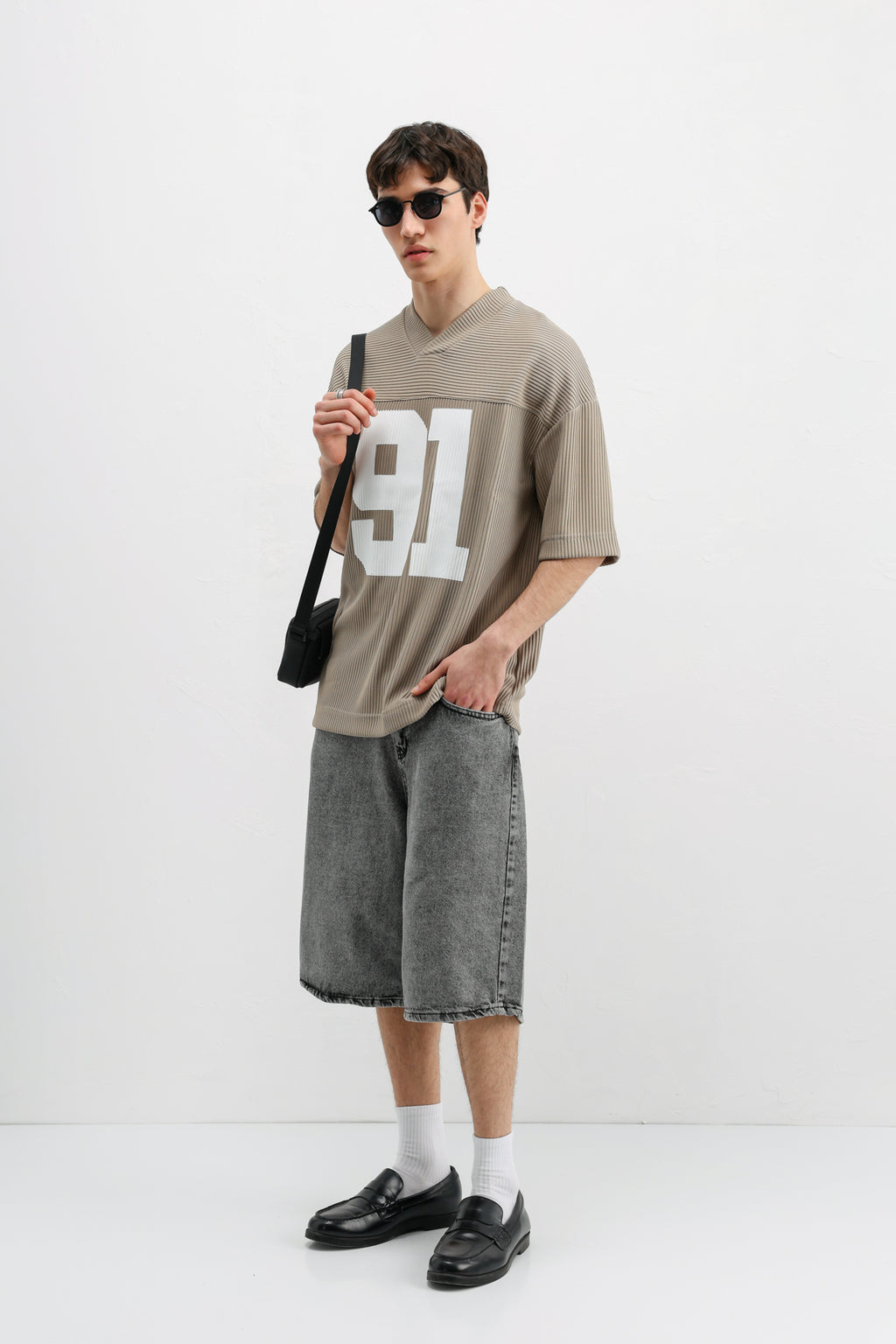 Baskılı Fitilli Oversize Tişört Bej
