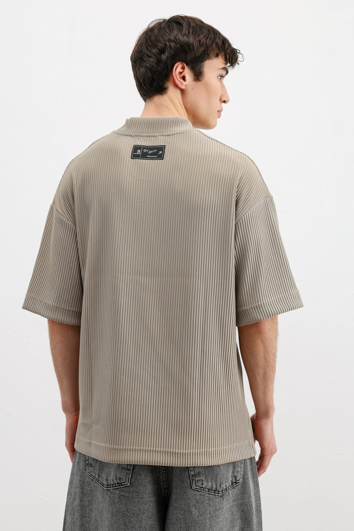 Baskılı Fitilli Oversize Tişört Bej