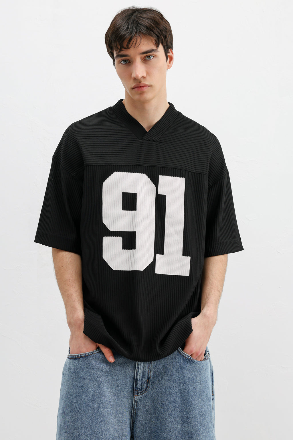 Baskılı Fitilli Oversize Tişört Siyah
