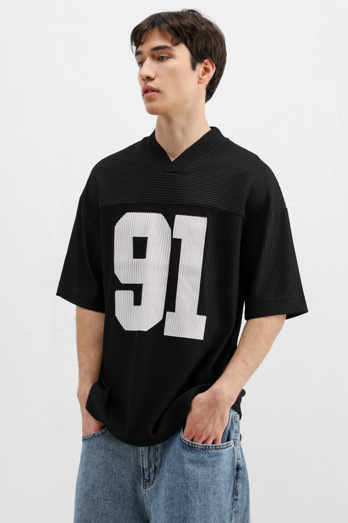 Baskılı Fitilli Oversize Tişört Siyah