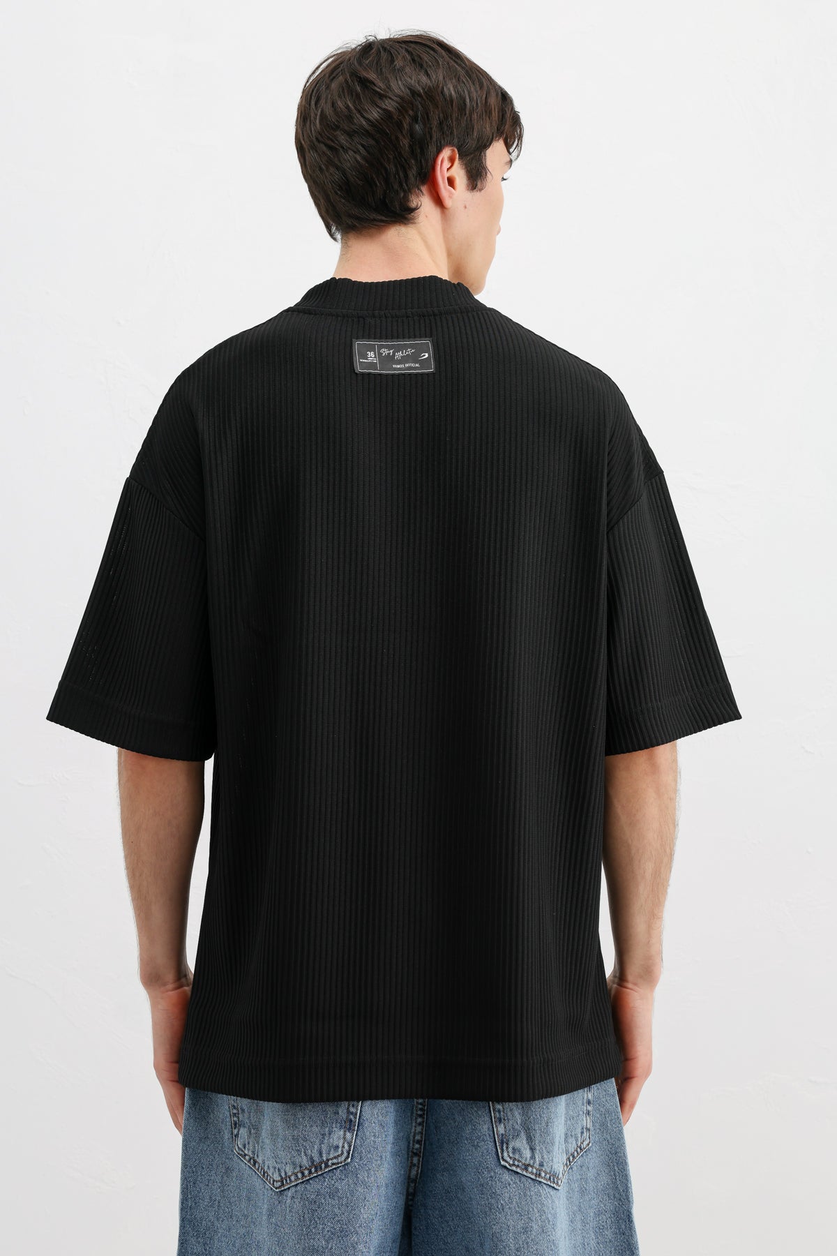 Baskılı Fitilli Oversize Tişört Siyah