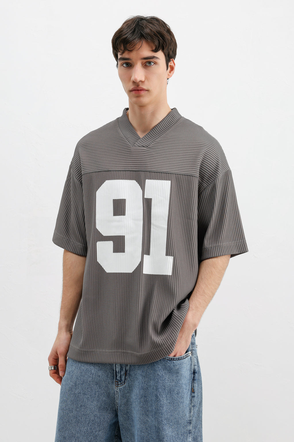 Baskılı Fitilli Oversize Tişört Gri