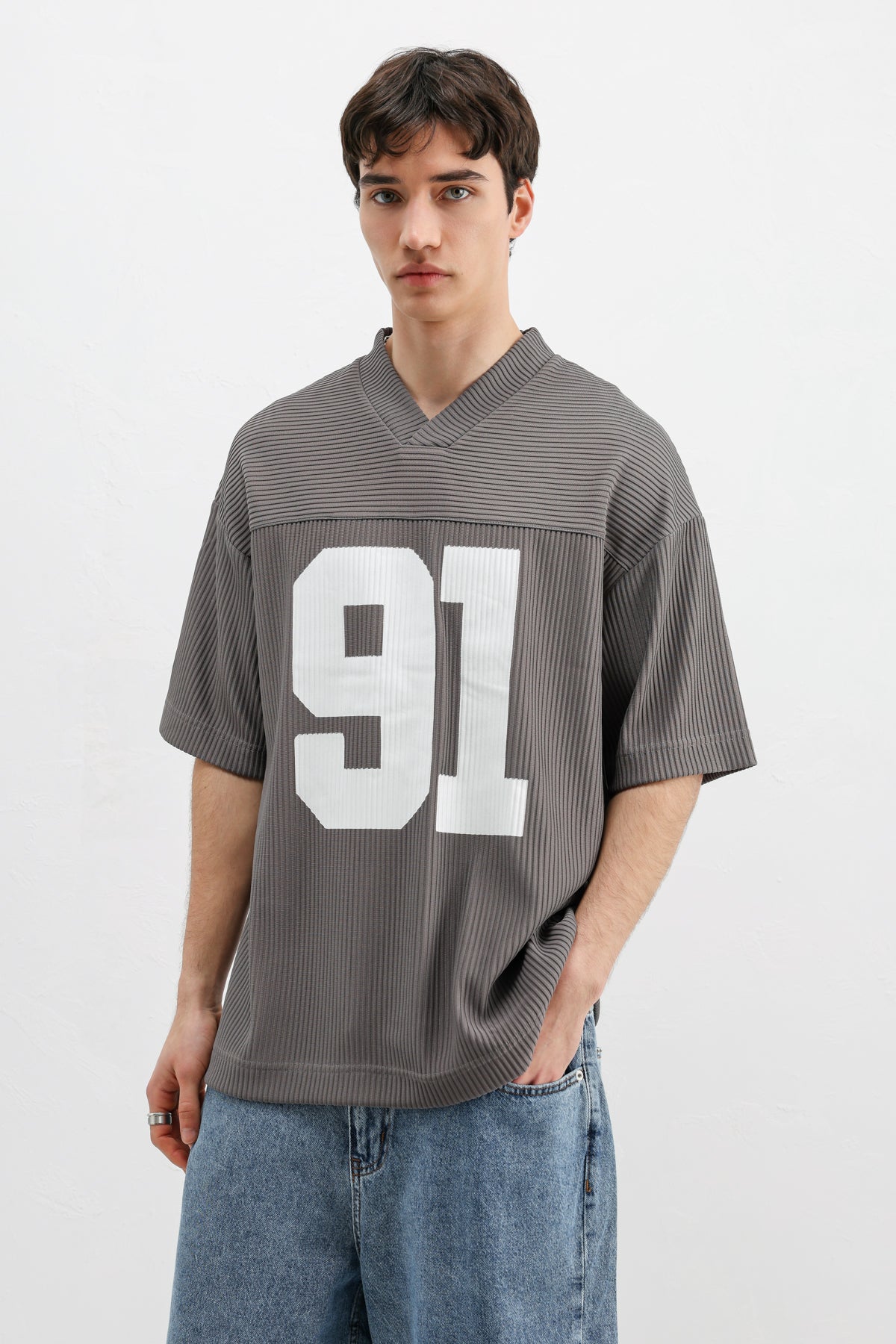 Baskılı Fitilli Oversize Tişört Gri