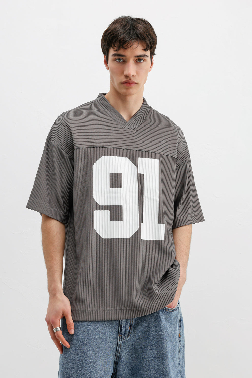 Baskılı Fitilli Oversize Tişört Gri