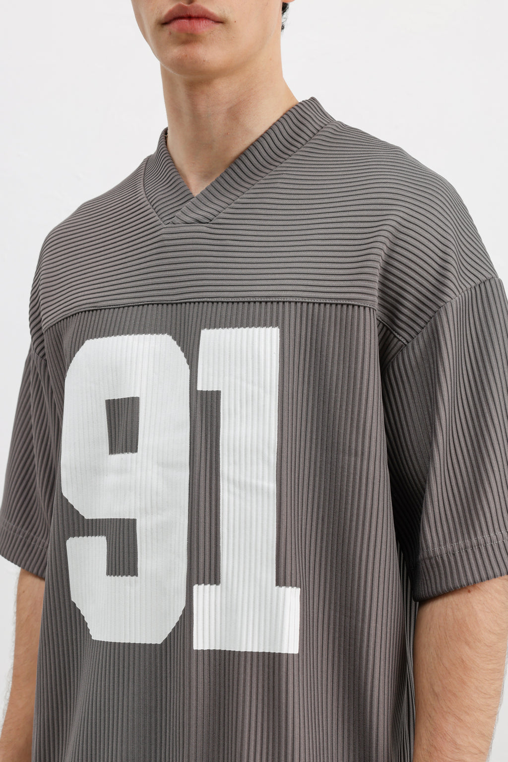 Baskılı Fitilli Oversize Tişört Gri