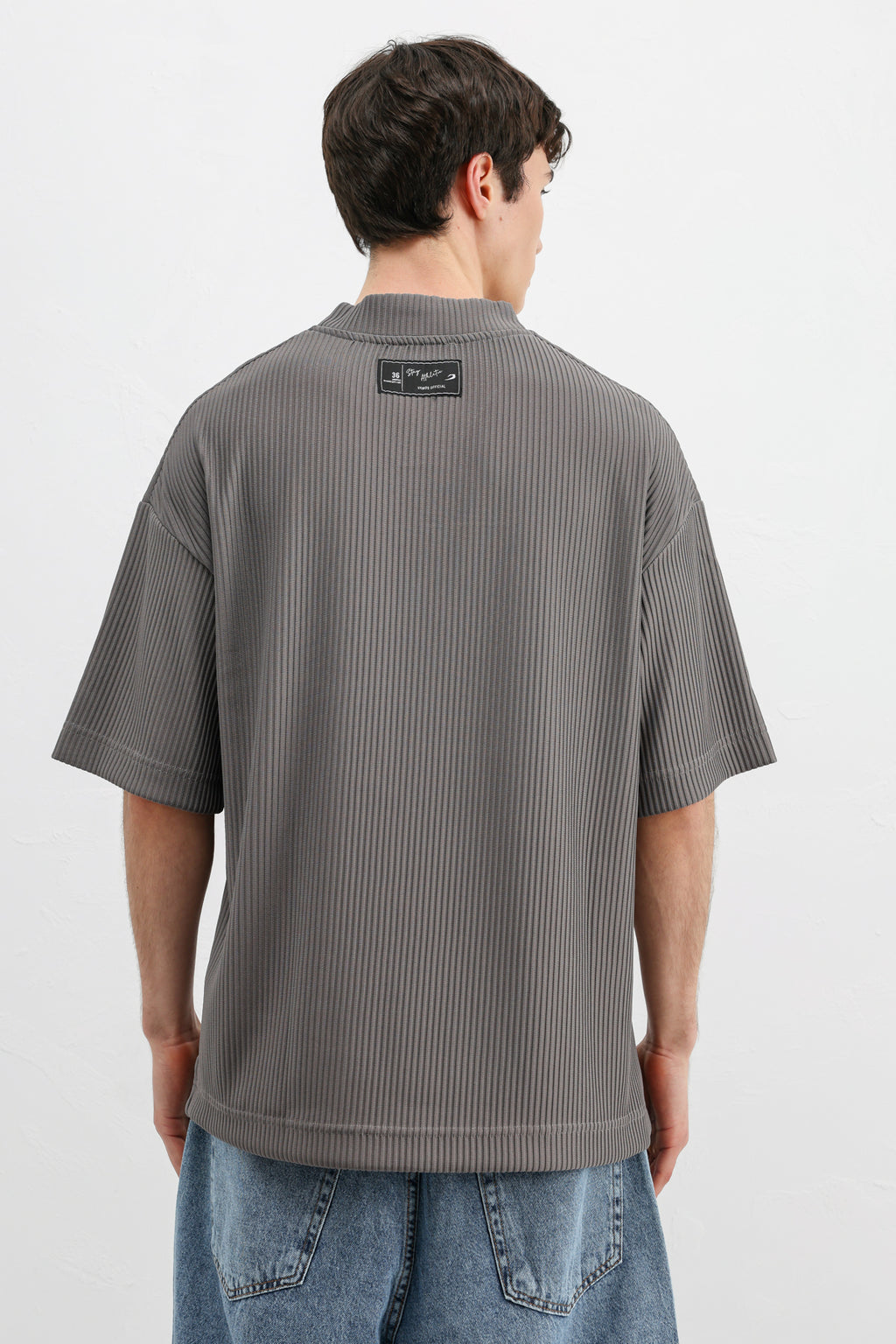 Baskılı Fitilli Oversize Tişört Gri