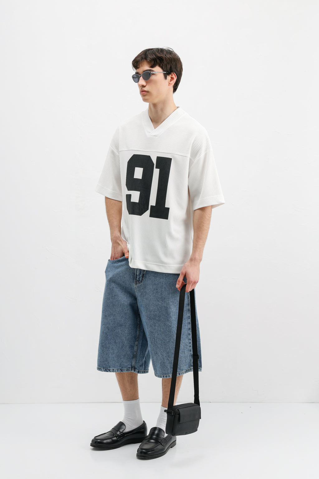Baskılı Fitilli Oversize Tişört Ekru