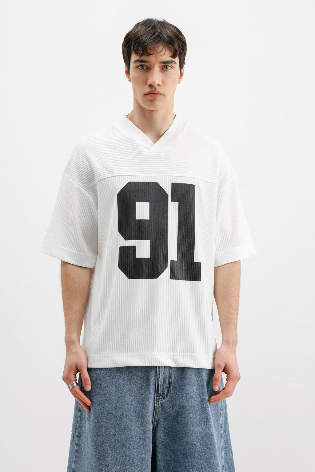 Baskılı Fitilli Oversize Tişört Ekru