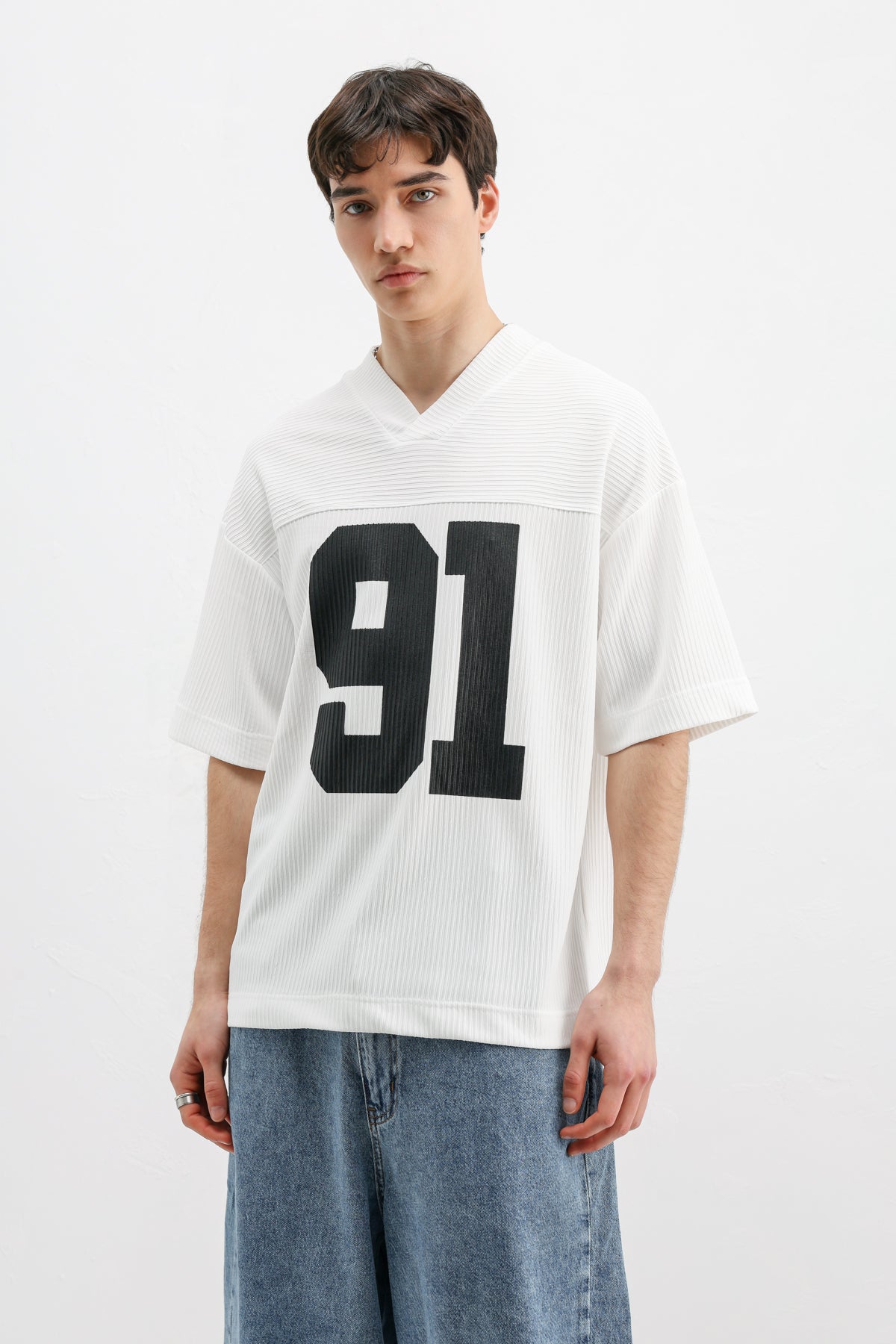 Baskılı Fitilli Oversize Tişört Ekru