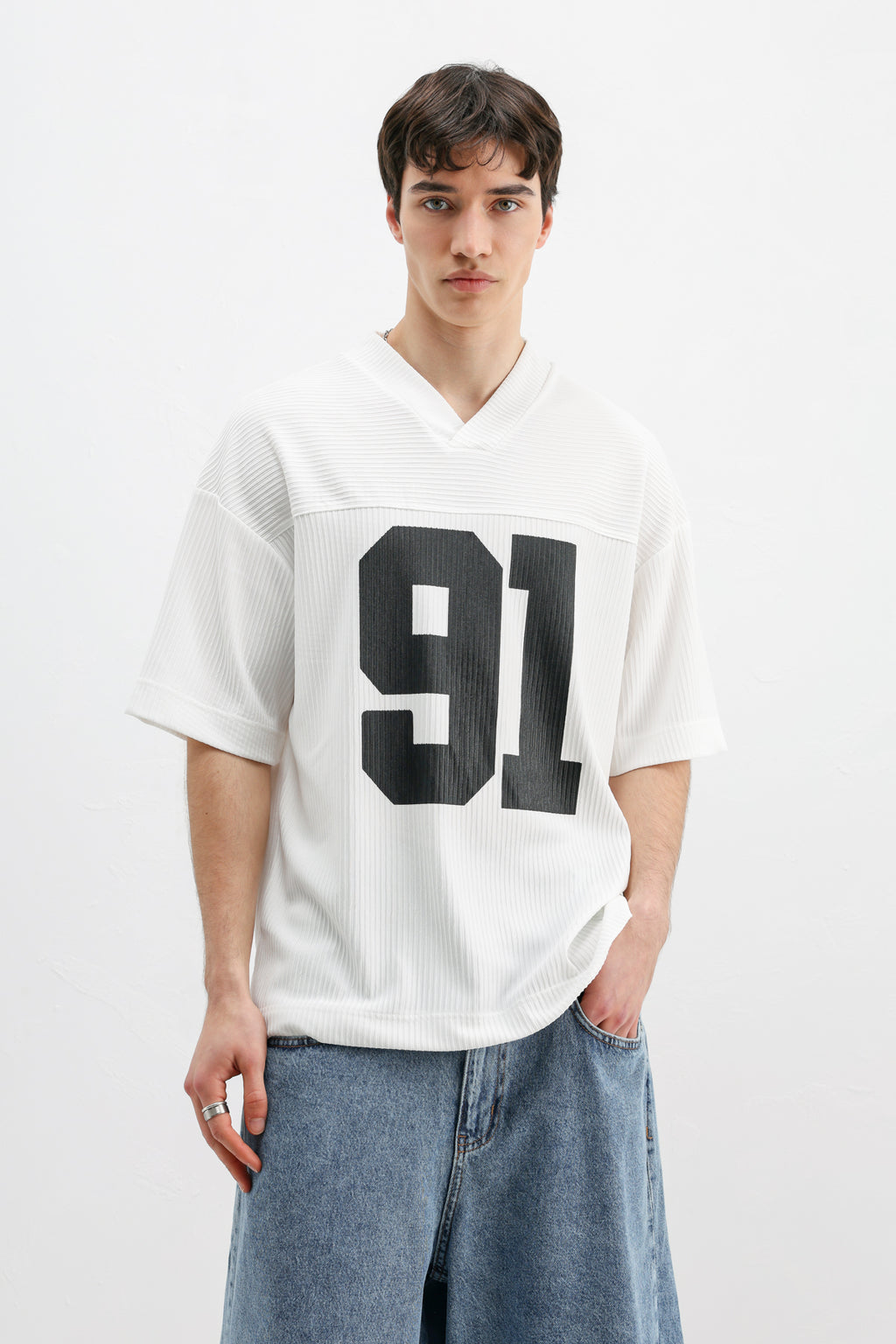 Baskılı Fitilli Oversize Tişört Ekru