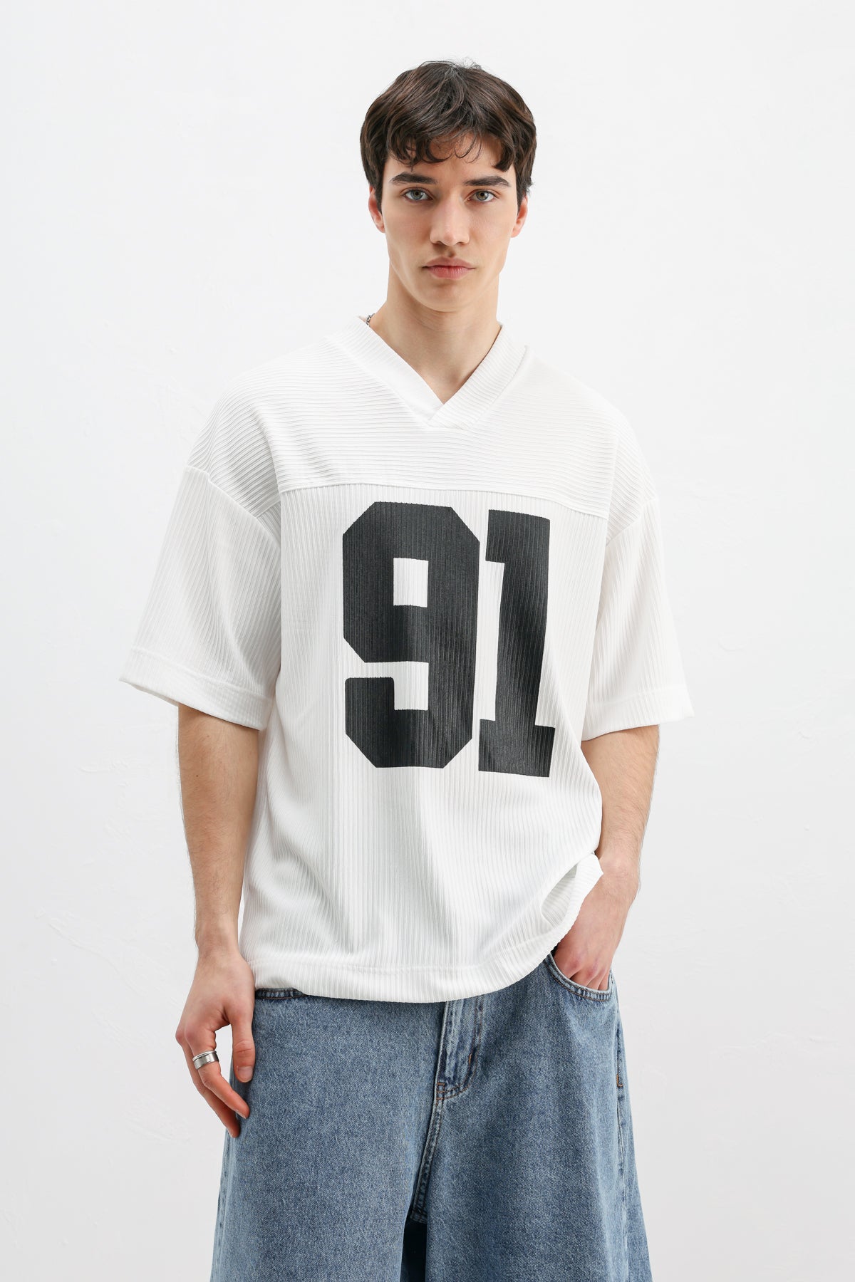 Baskılı Fitilli Oversize Tişört Ekru